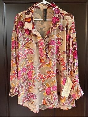 Aratta Silent Journey Floral Velvet Burnout Long Sleeve Blouse Size XL NWT